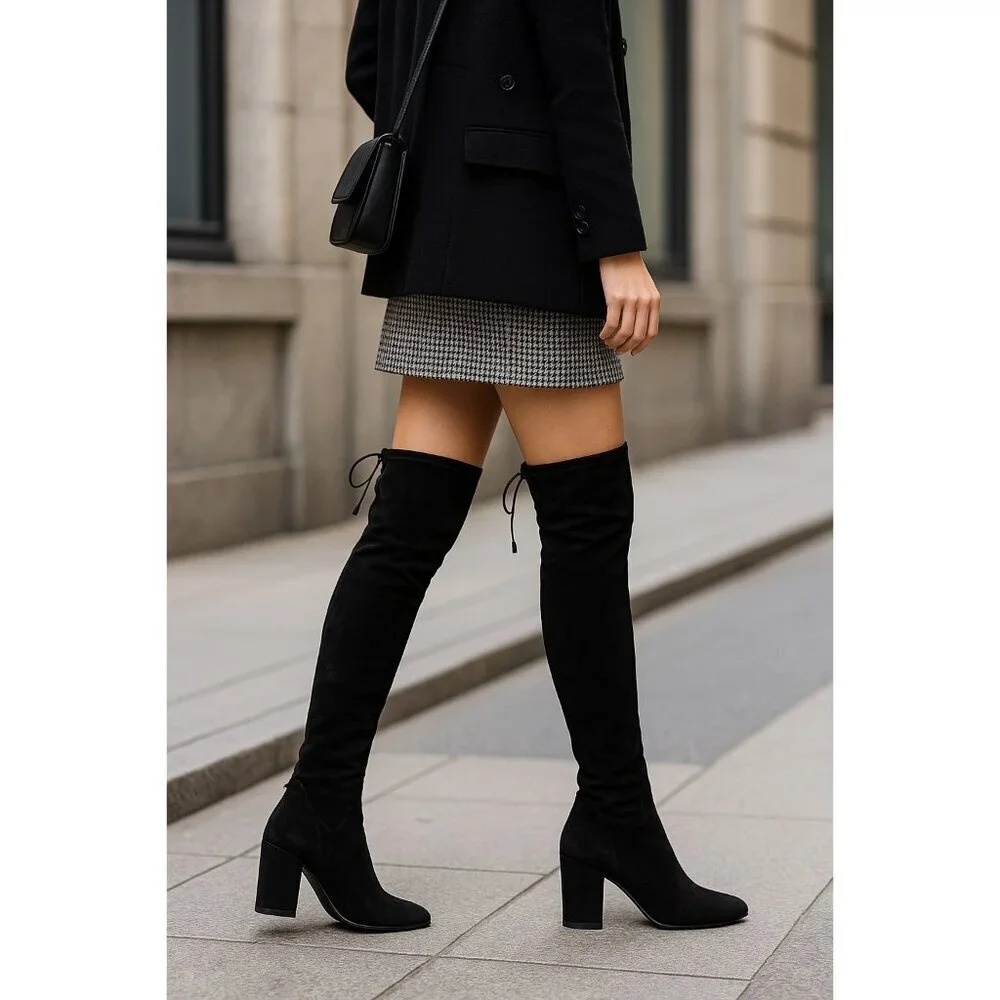 Aquatalia Women’s 6 Black Suede Over The Knee Boots Made in Italy Block Heel Tie